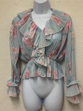 Women's Size L Blue Floral Chiffon Crop Blouse V Neck 3/4 Sleeve Pleated Top